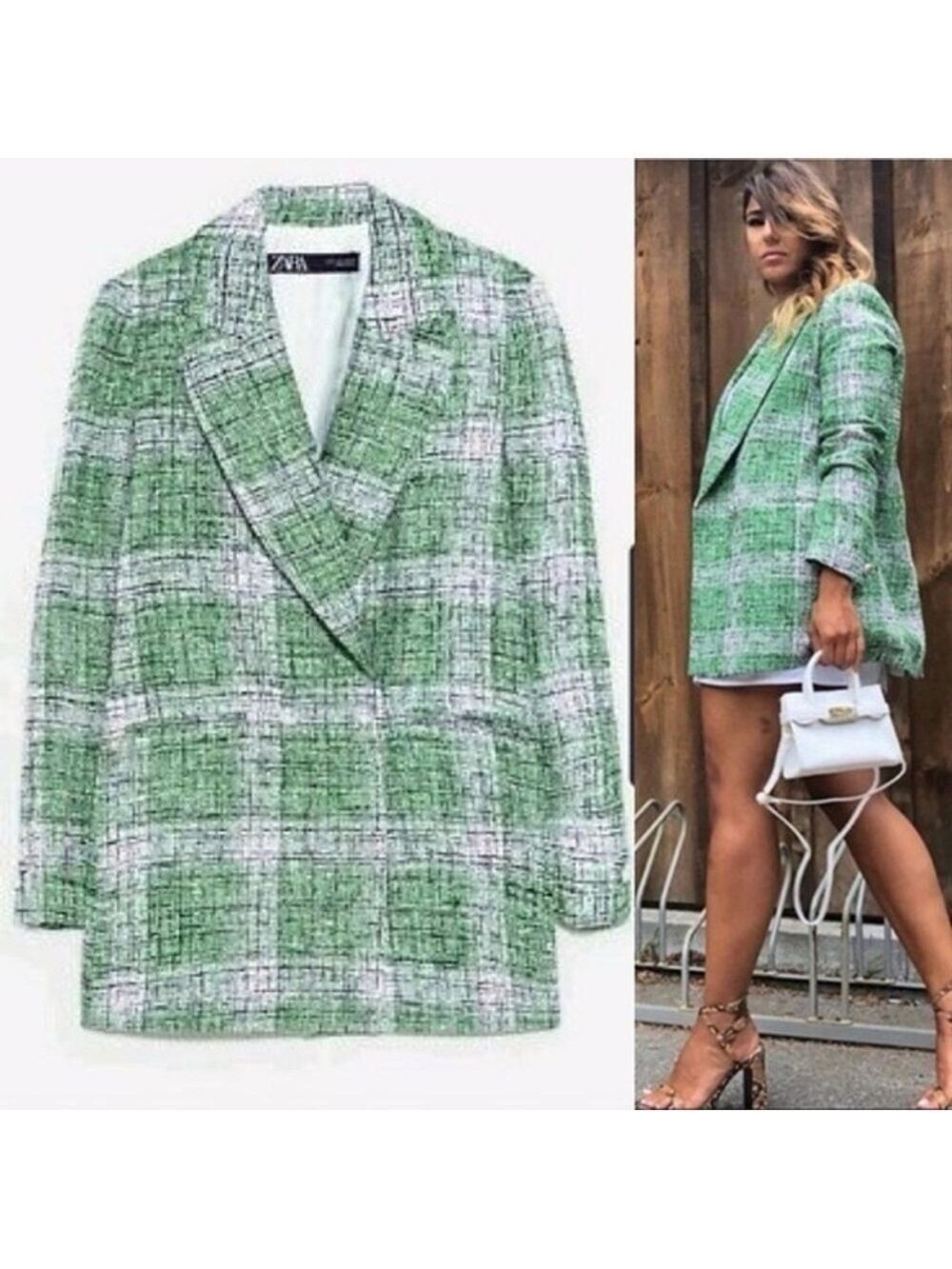 Zara Green white Plaid Tweed Double-Breasted Blazer jacket Sz XS